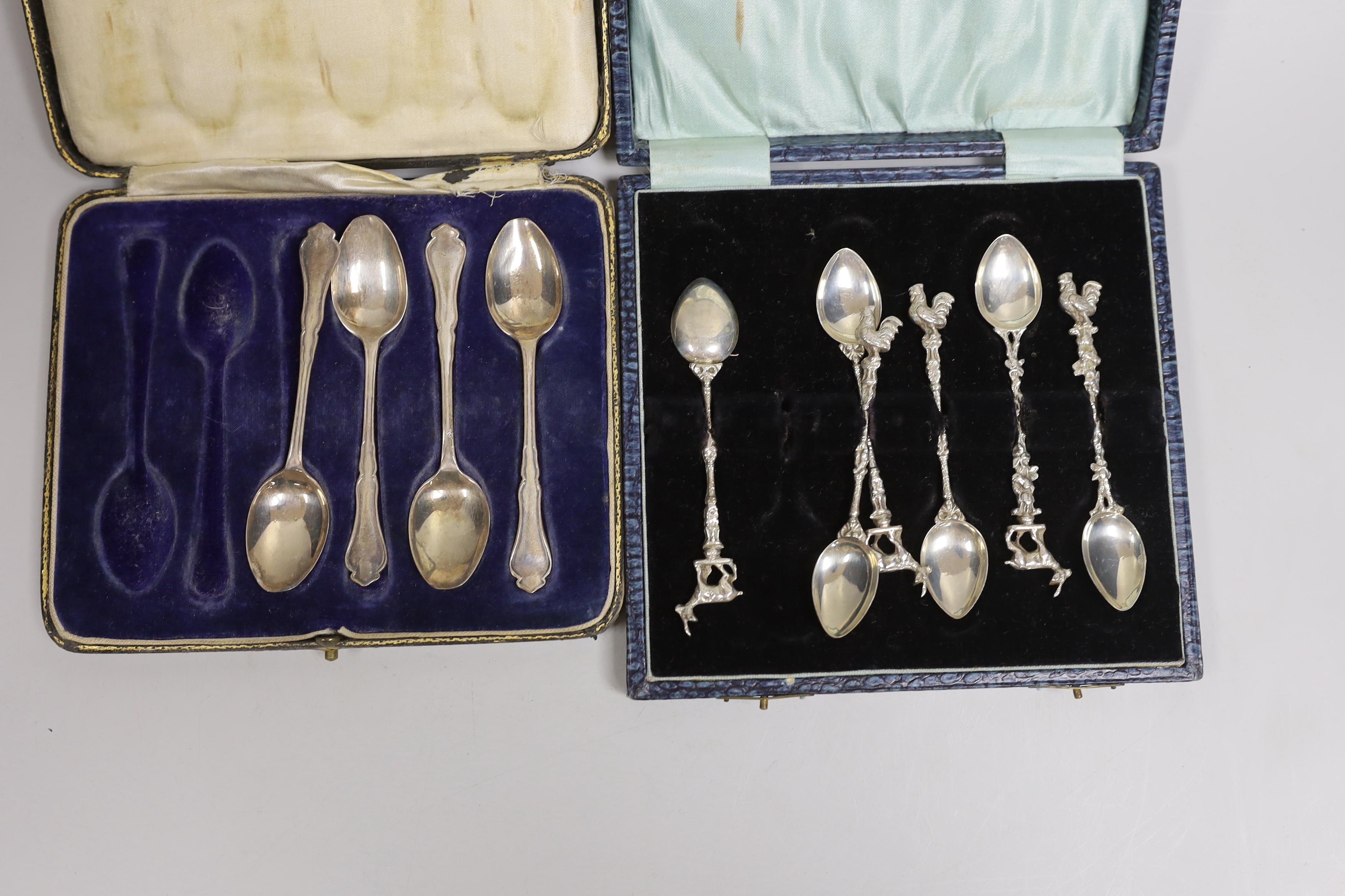 Seven various cased part sets of silver cutlery to include teaspoons etc., together with a cased set of six sterling silver faux bamboo coffee spoons with semi-precious stone tablet inset terminals.